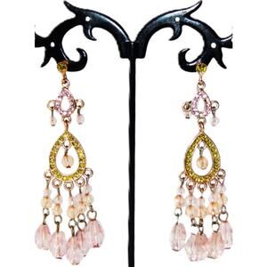 Vintage Double Tear Drop Hoops Dangling Pale Pink Beads Earrings